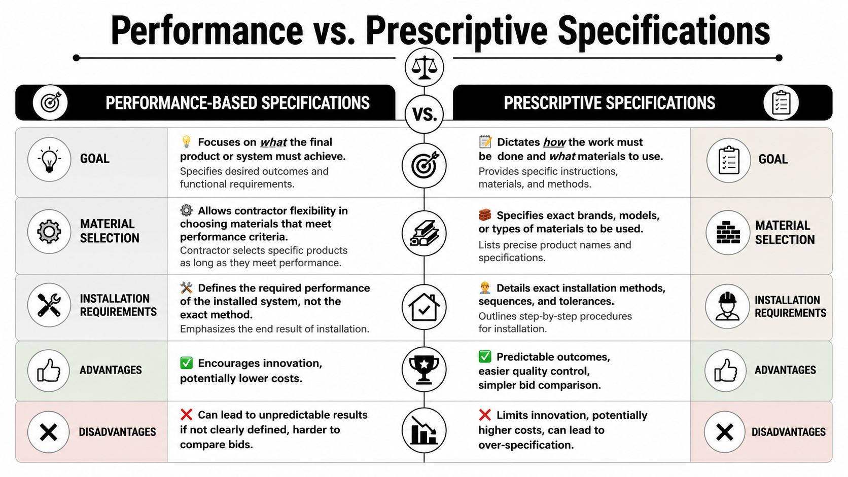 A comparison chart outlining the differences between performance-based and prescriptive specifications in construction and engineering.