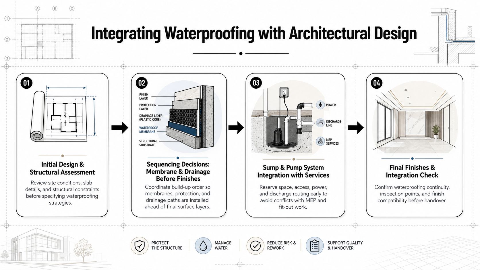 A diagram outlining the four-step process for integrating waterproofing systems into architectural design for modern buildings.