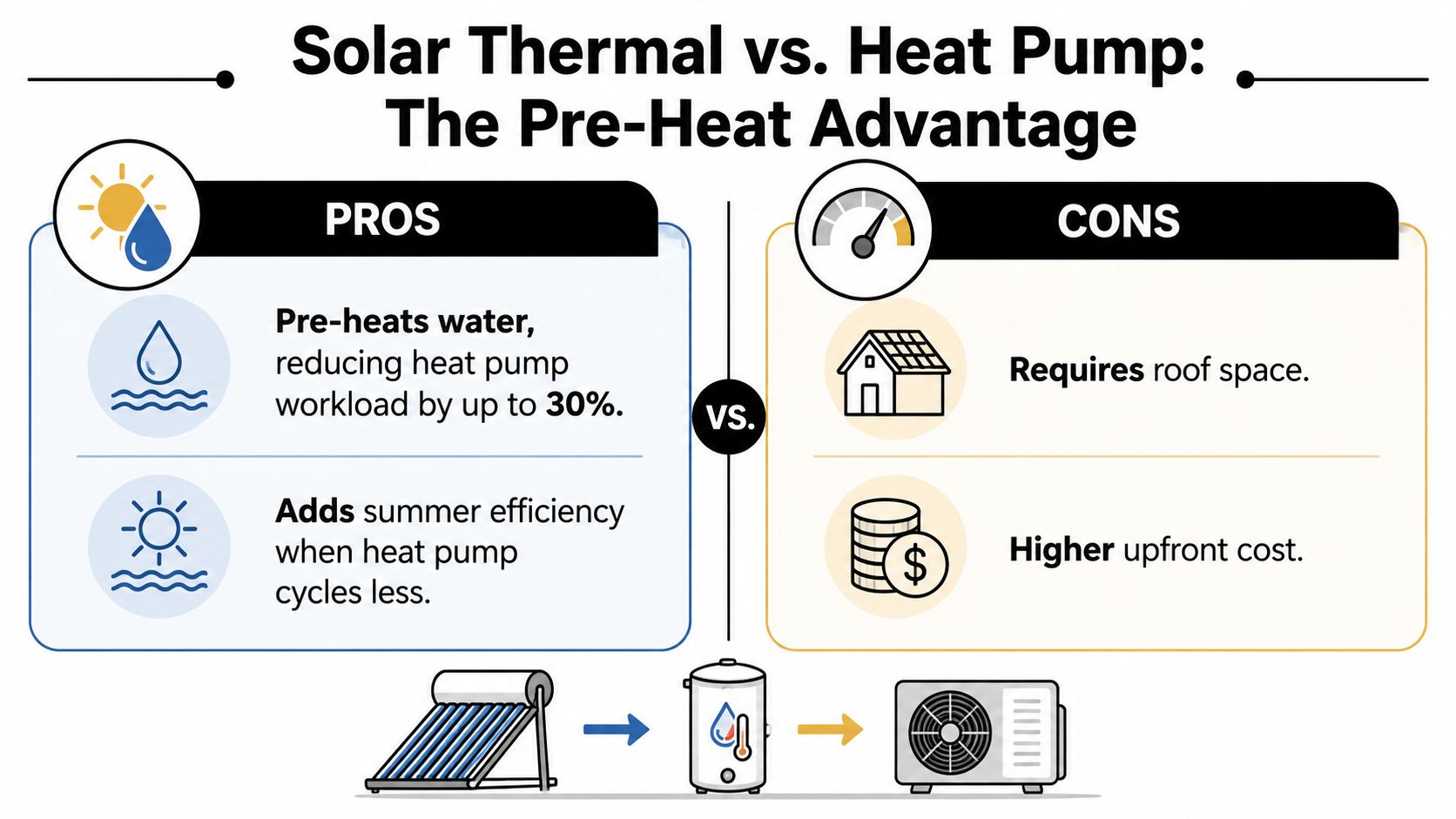 An infographic comparing pros and cons of using solar thermal systems alongside heat pump technology for heating.