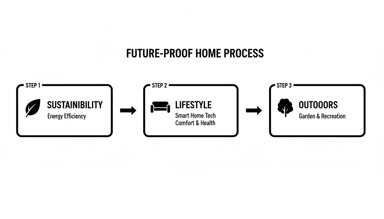 A three-step process diagram for future-proofing a home, covering sustainability, lifestyle, and outdoors.