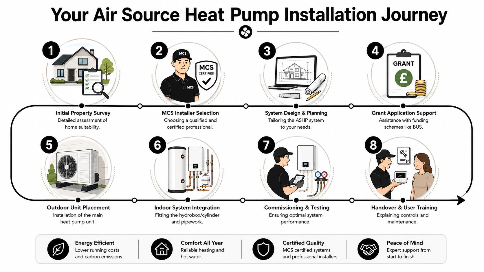 An infographic illustrating the eight-step journey of an air source heat pump installation process for homeowners.