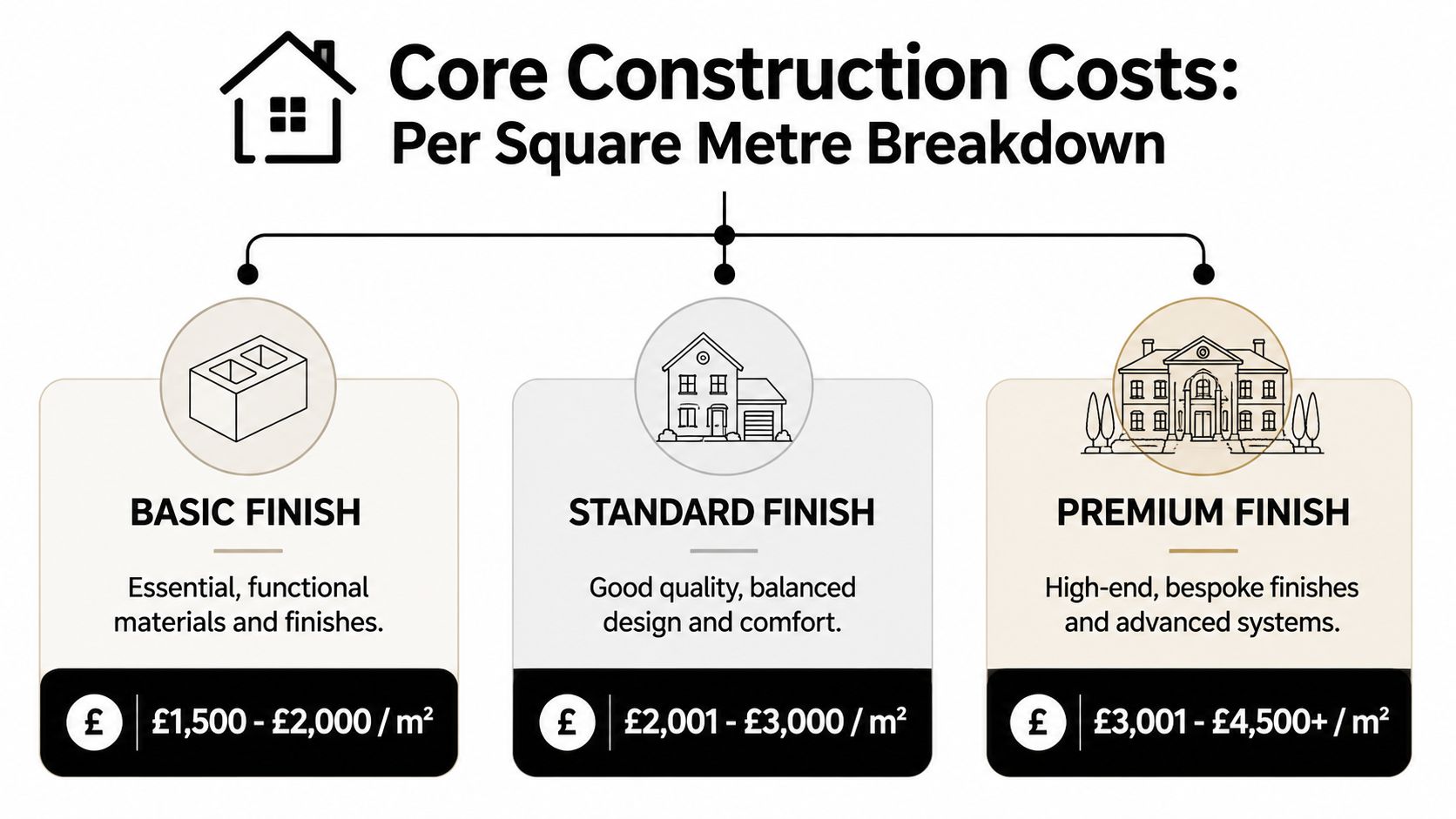 A construction cost breakdown chart displaying price ranges per square metre for basic, standard, and premium house finishes.