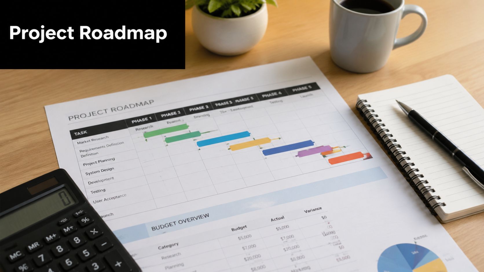 A high-angle view of a project roadmap document on a desk with a calculator and notepad.