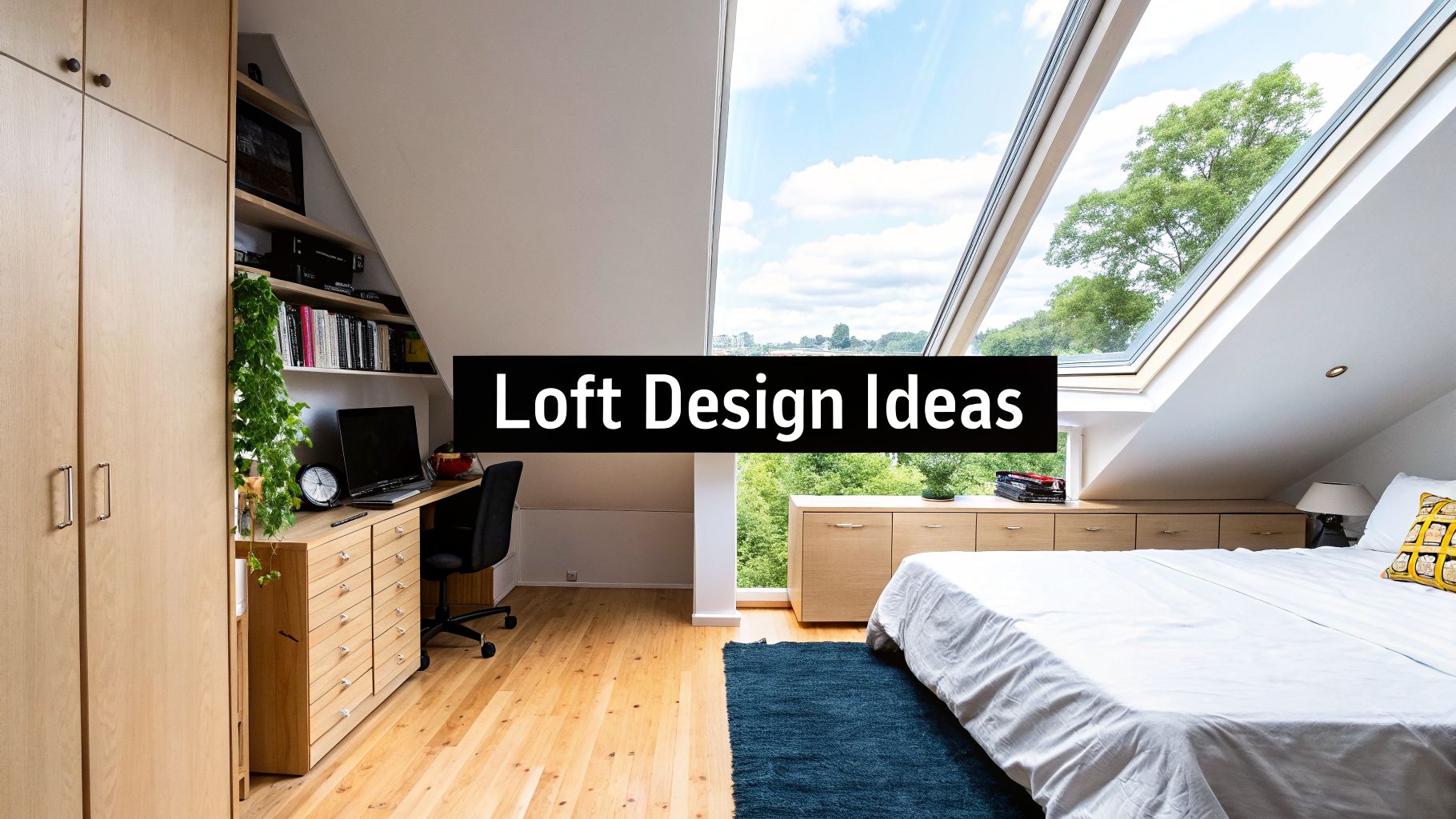 A bright and airy loft interior featuring a desk, built-in shelves, and a bed under large skylights.