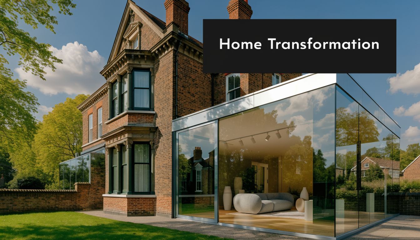 A modern glass wraparound extension attached to a historic brick house with a green lawn.