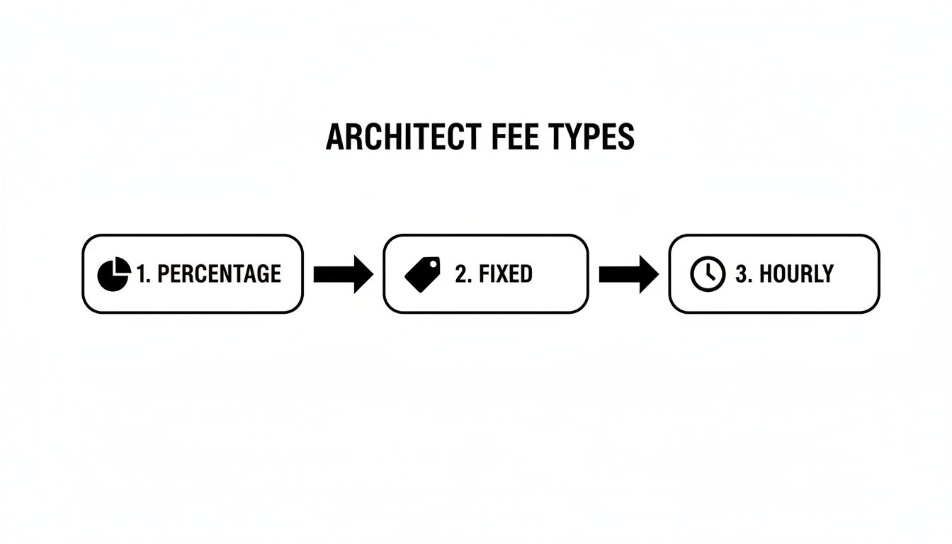 Diagram illustrating three common architect fee types: percentage, fixed, and hourly rates.