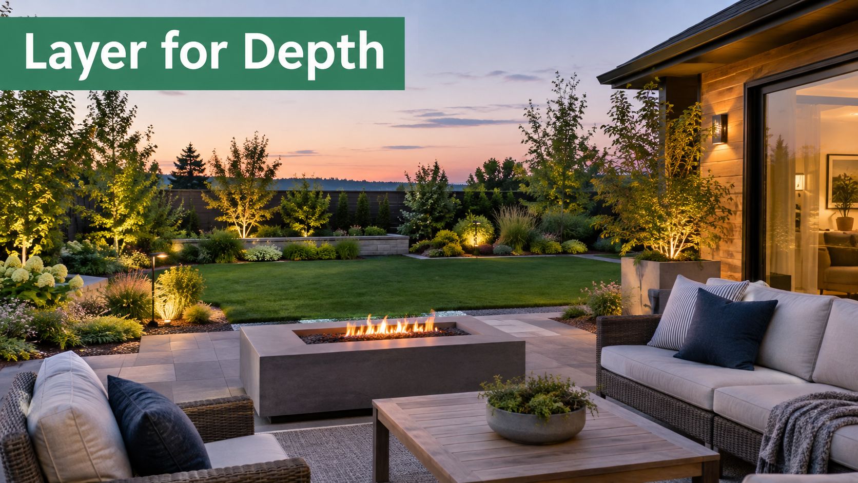 A luxurious backyard patio featuring a modern rectangular fire pit, comfortable outdoor seating, and warm landscape lighting at sunset.