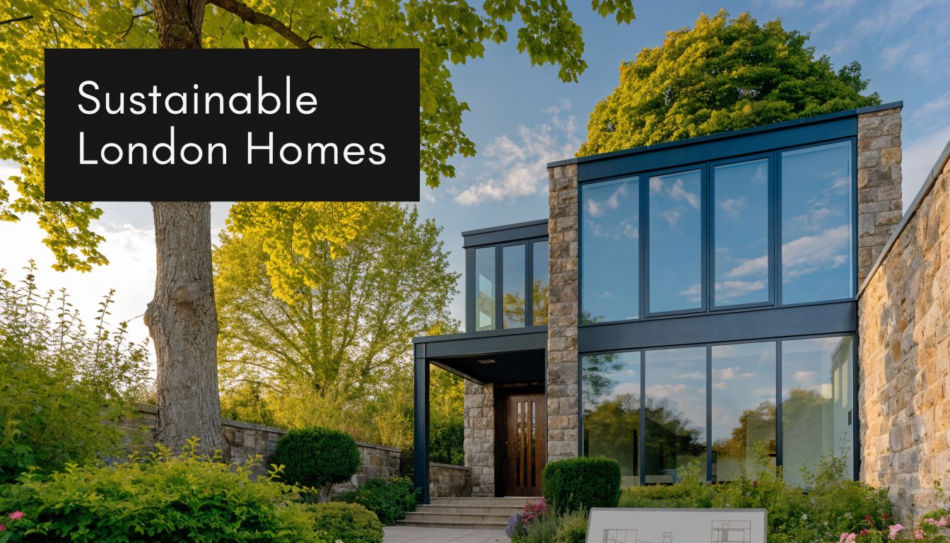 A modern eco-friendly residential home built with natural stone and glass, surrounded by lush green trees.