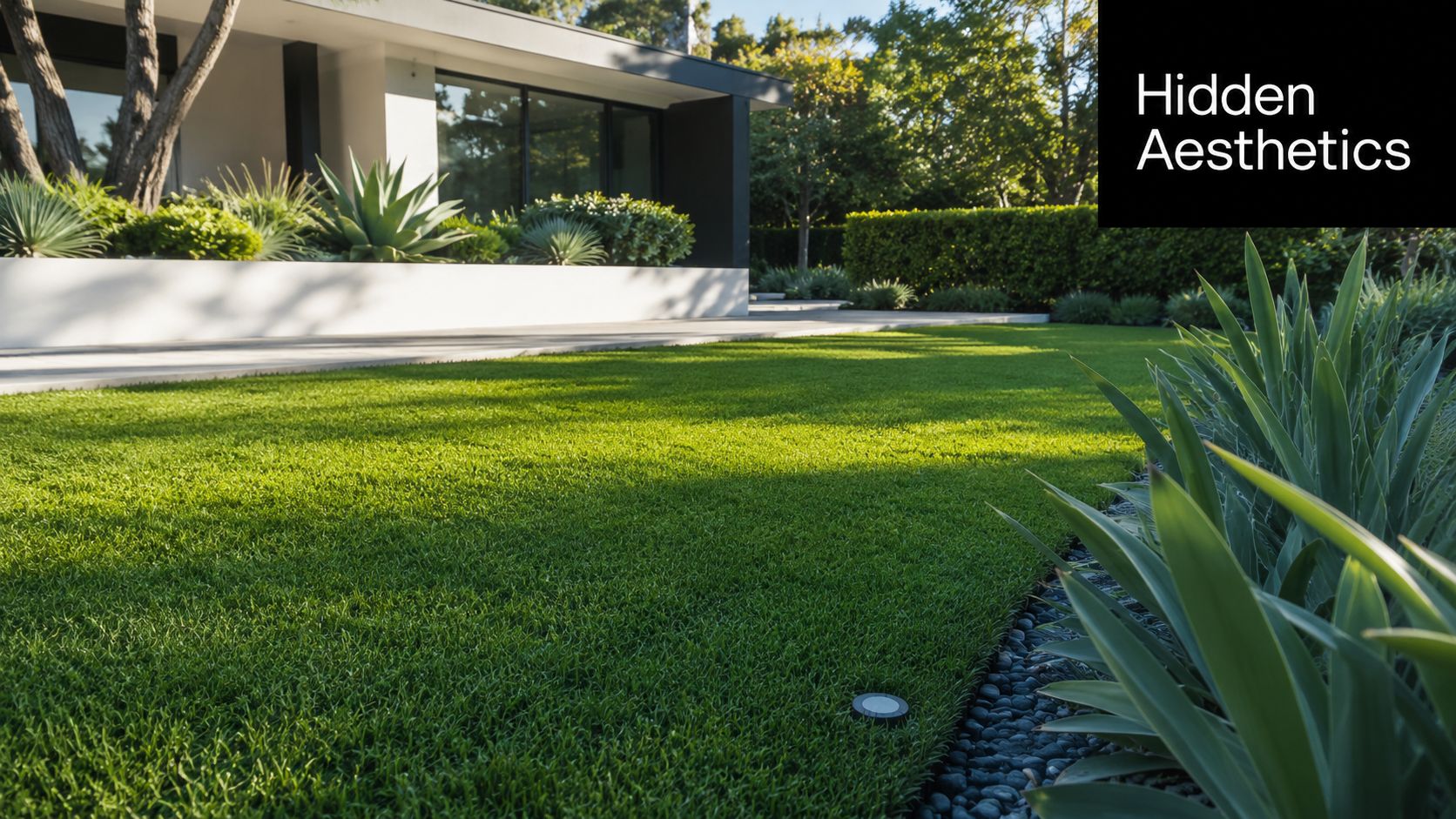 A manicured green lawn in front of a modern home with landscape design and accent lighting.