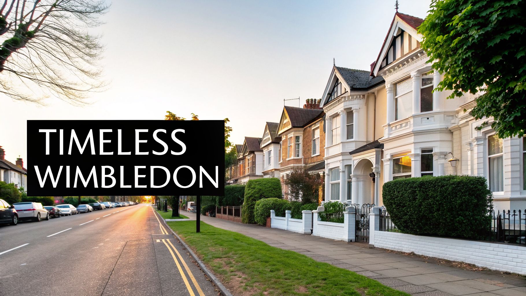 A picturesque street in Wimbledon with elegant Victorian houses, parked cars, and a sign reading 'TIMELESS WIMBLEDON' at sunset.
