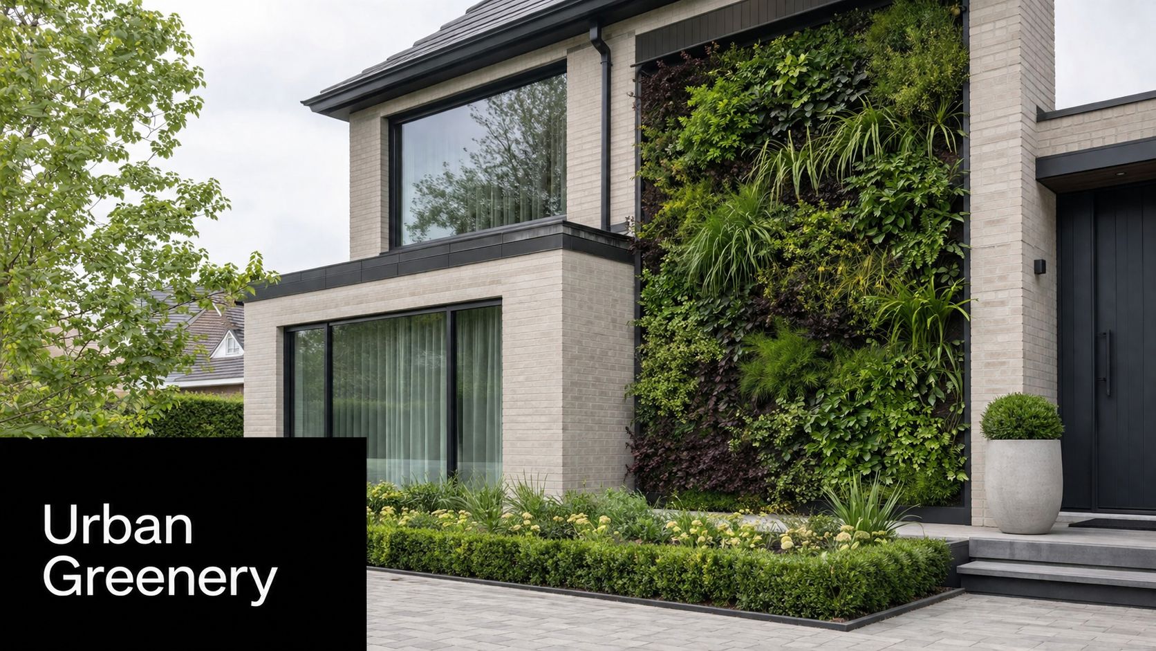A modern two-story home featuring a lush vertical living wall installation and manicured landscaping in the front garden.