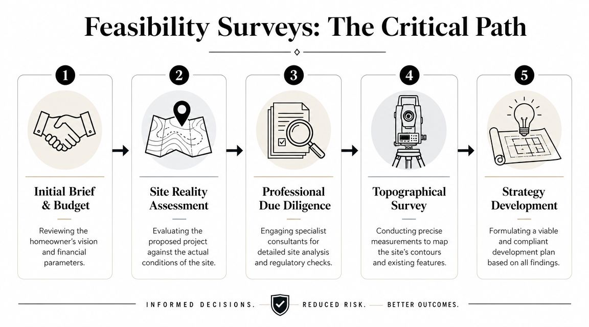 A five-step infographic titled Feasibility Surveys showing the critical path for new house development and planning.