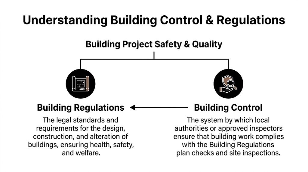 A diagram explaining building regulations and building control as essential components of building project safety and quality.