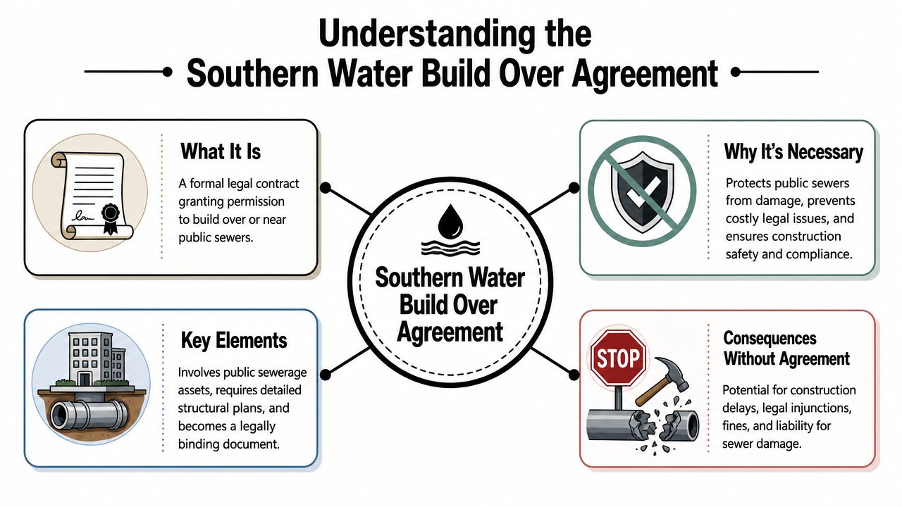 An infographic explaining the Southern Water Build Over Agreement, its purpose, requirements, and consequences of non-compliance.
