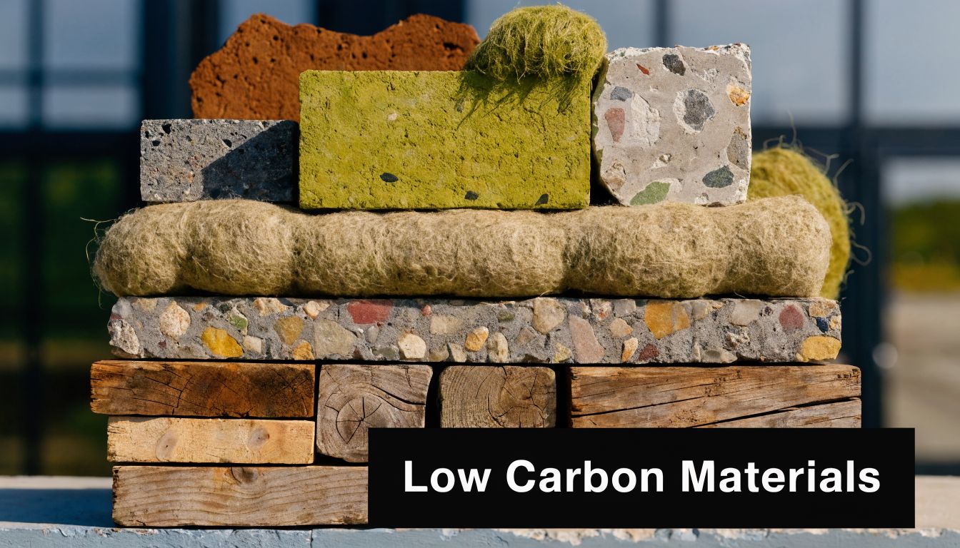 A stack of various eco-friendly building materials, including wood, brick, and insulation, showcasing sustainable construction elements.