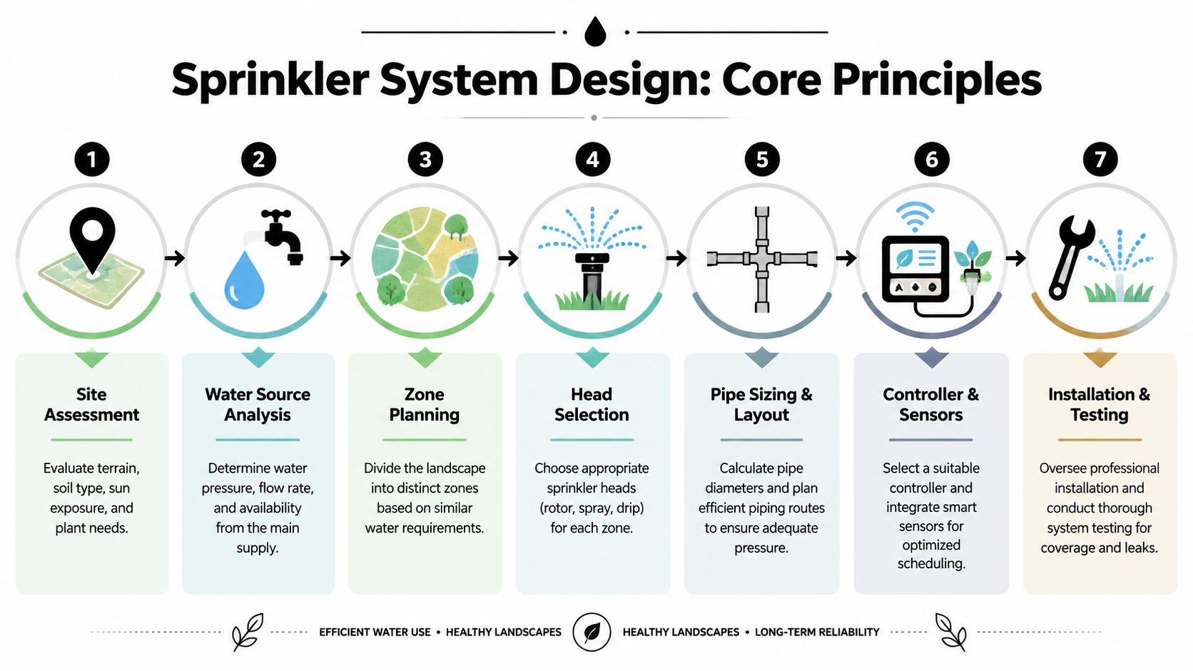 A seven step infographic illustrating the core principles of designing an efficient landscape sprinkler system.