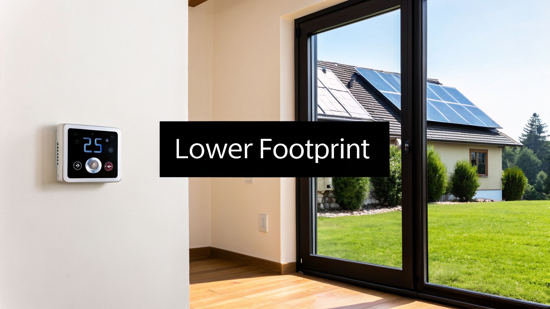 Smart thermostat inside a modern home looking out to a house with solar panels, emphasizing a lower footprint.