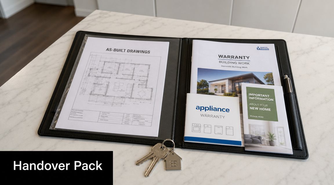 A leather folder containing home handover documents, building plans, and keys resting on a white marble countertop.