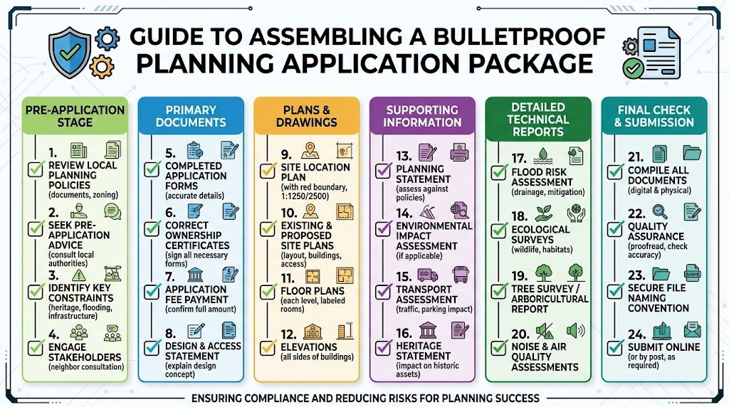 An infographic titled Guide to Assembling a Bulletproof Planning Application Package detailing 24 essential steps for submissions.