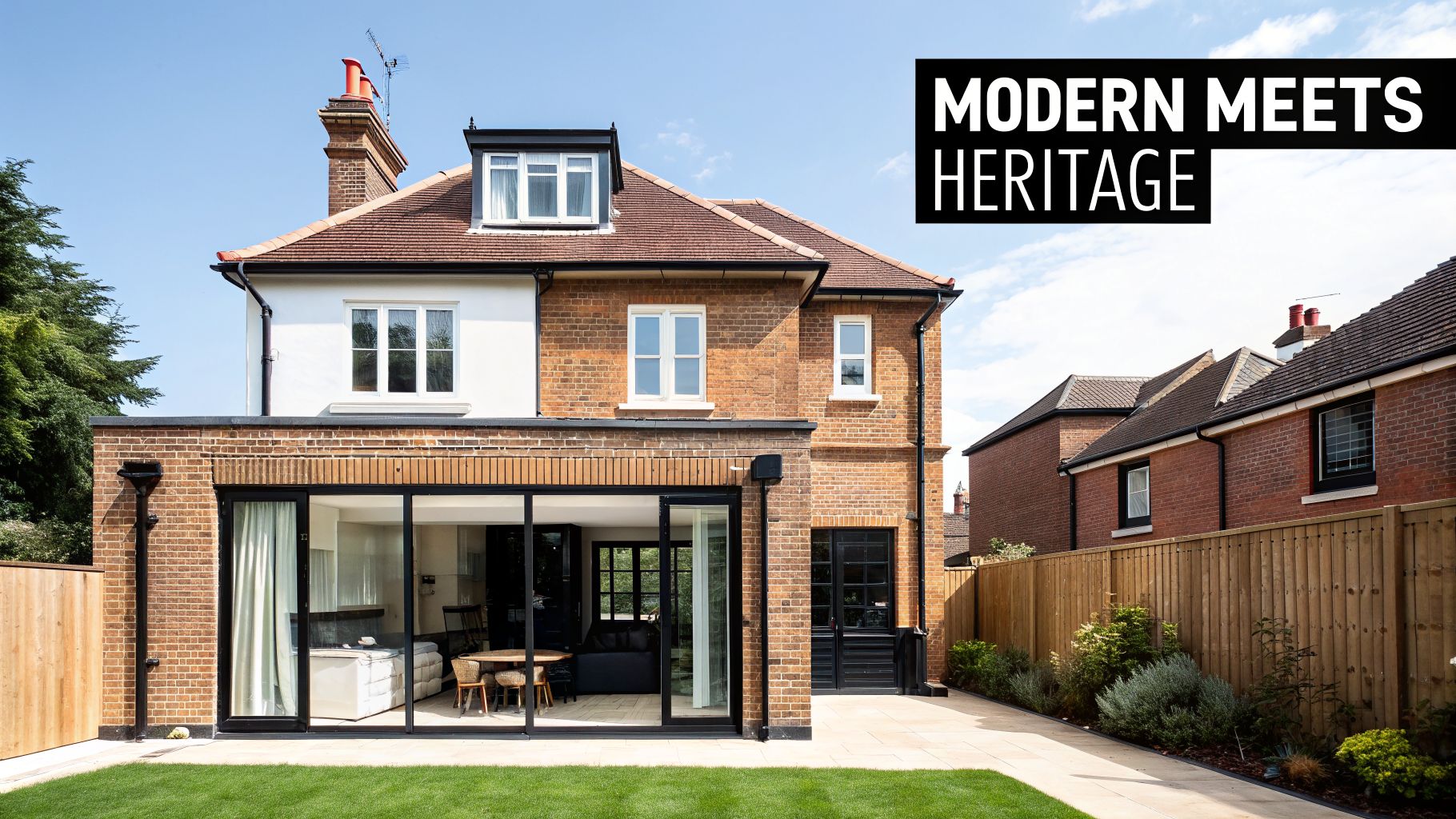 Exterior view of a traditional brick house blending modern glass architecture with heritage features.