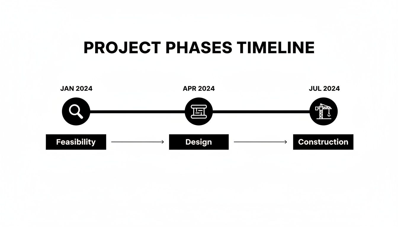 A project phases timeline illustrating feasibility, design, and construction stages with key dates.