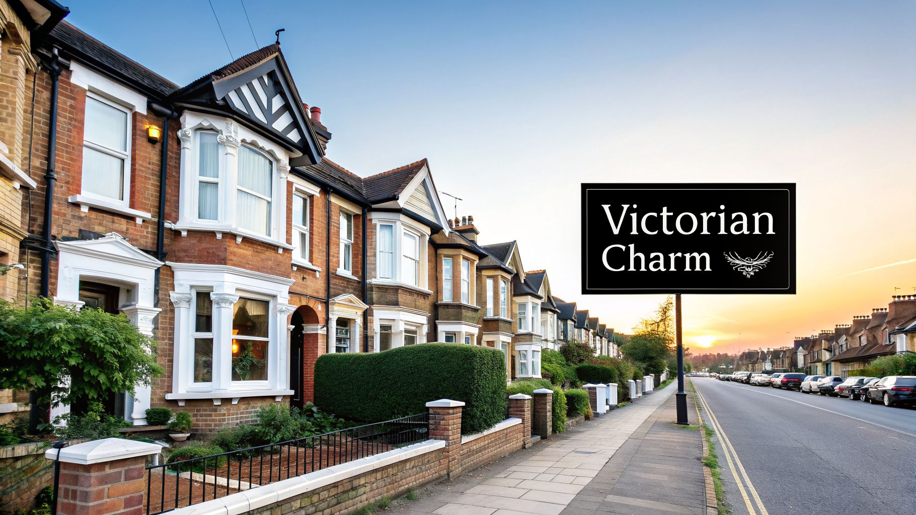 A row of charming Victorian houses line a street at sunset with a 'Victorian Charm' sign.