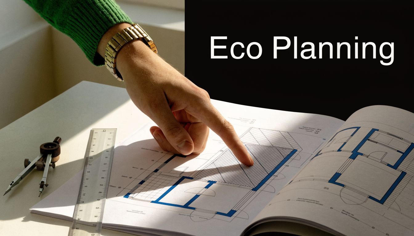 A person in a green sweater points to architectural floor plans for an eco-friendly building project.