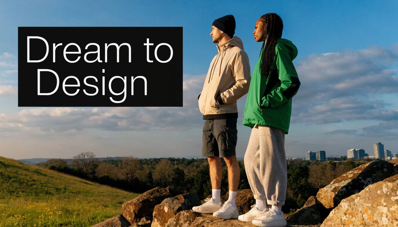 A man and woman standing on a hill overlooking a city landscape during sunset, inspirational theme.