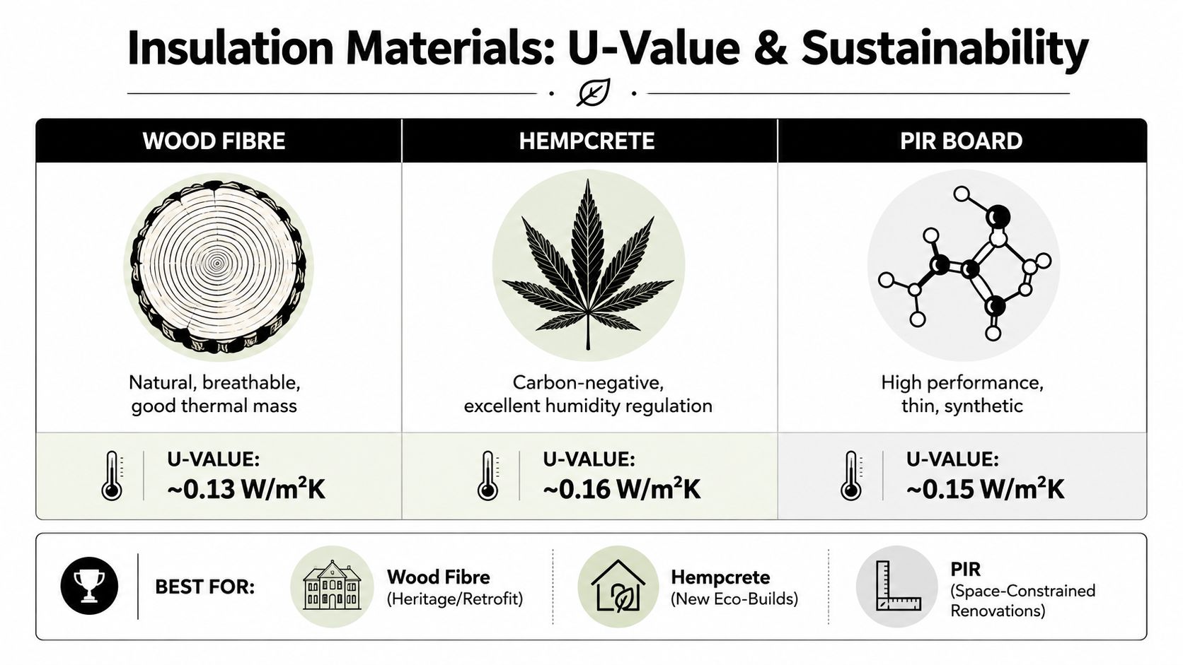 A comparison chart showing the U-values and sustainability benefits of wood fibre, hempcrete, and PIR board insulation.