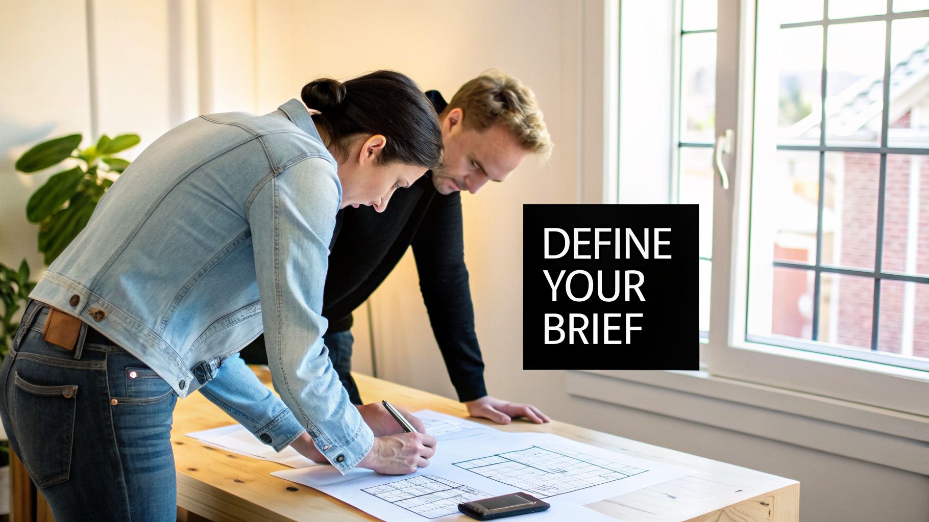 Two architects collaborate on home construction plans, discussing design details on a wooden desk.