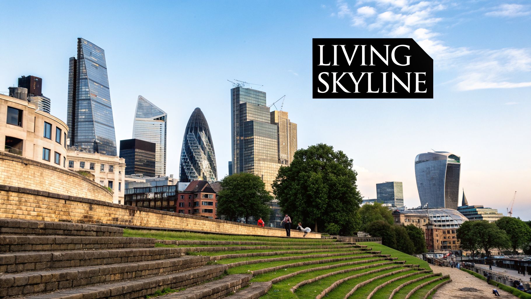 A scenic view of London's contemporary skyline with iconic skyscrapers and a green stepped park.