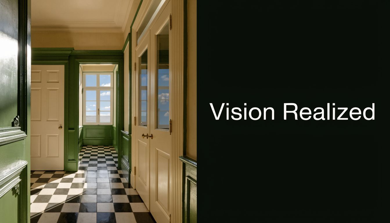 A bright indoor corridor with green trim, checkerboard flooring, and a large window showcasing blue sky.