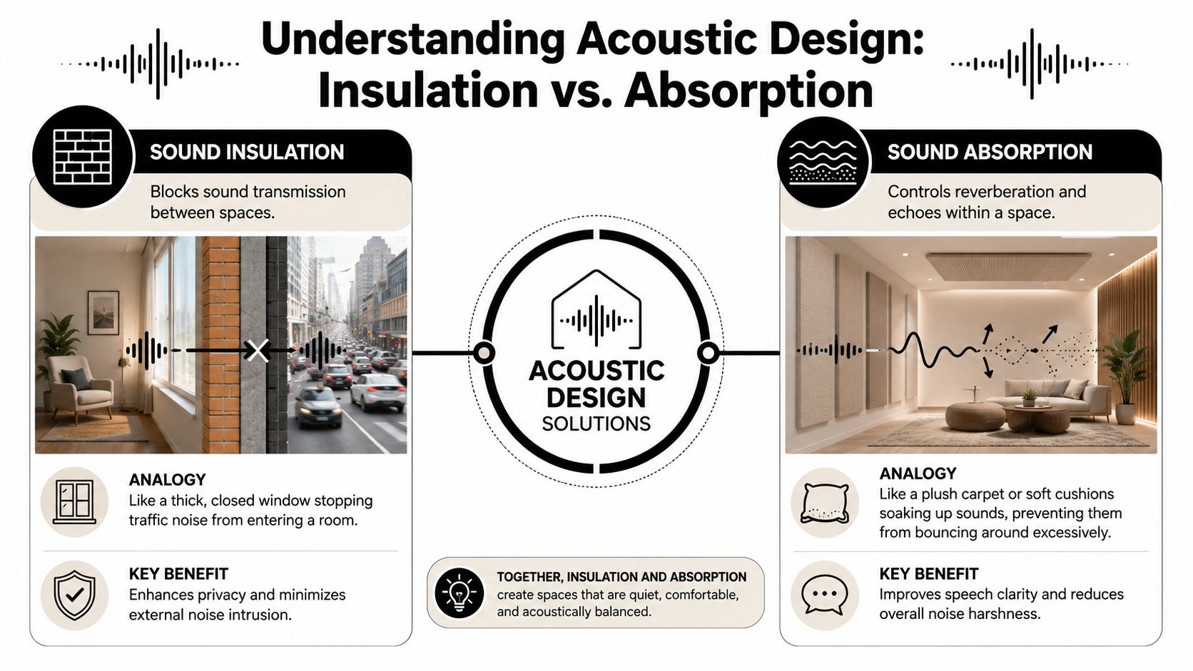 An educational infographic explaining the difference between sound insulation for blocking noise and sound absorption for acoustics.