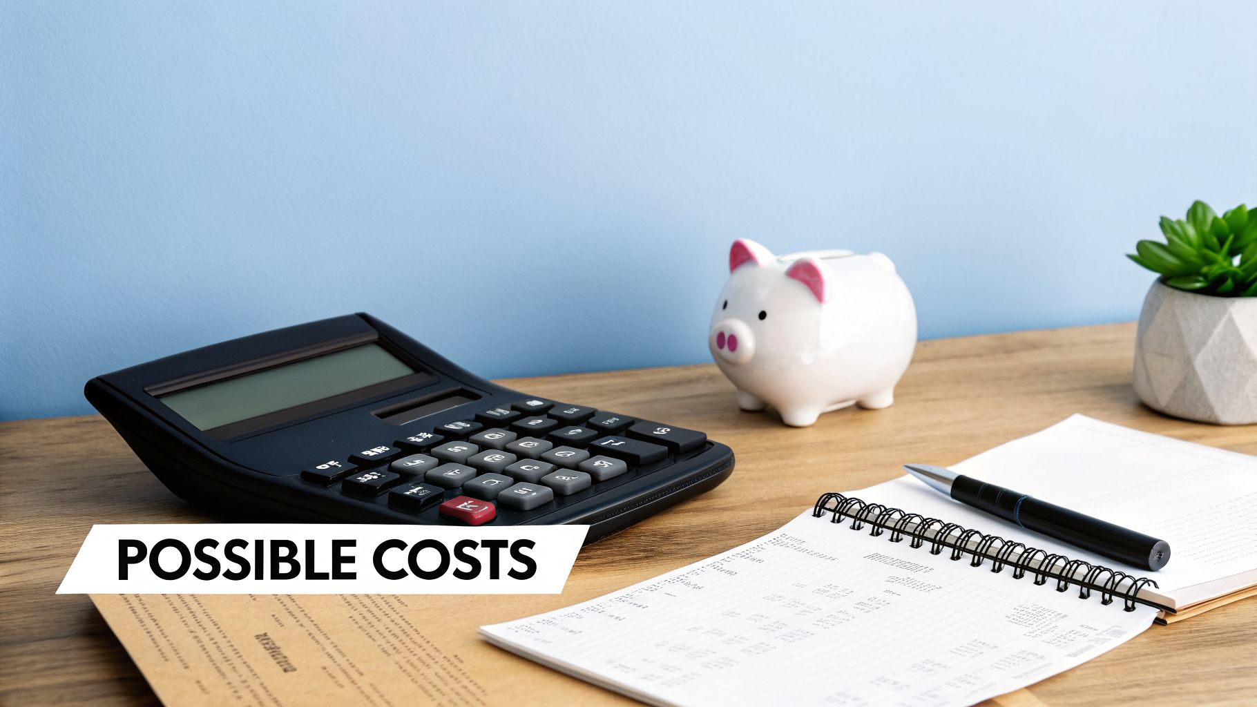 A calculator, piggy bank, and notebook with a pen on a wooden desk, with 'POSSIBLE COSTS' text.
