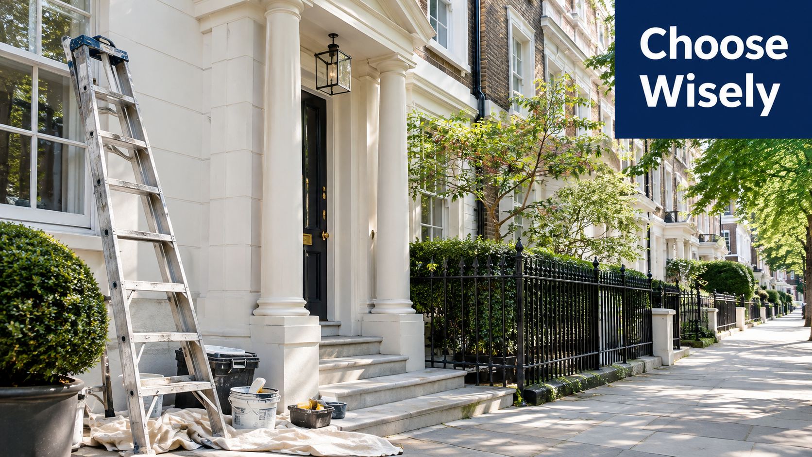 A tall ladder standing next to the entrance of a white townhouse during a painting project.