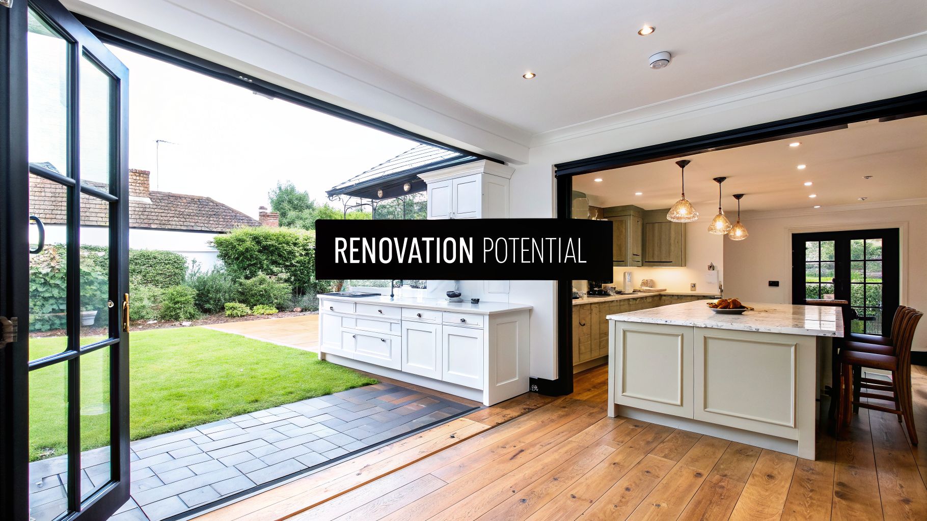 An open-plan kitchen with bi-fold doors leading to a green garden, featuring a large island.