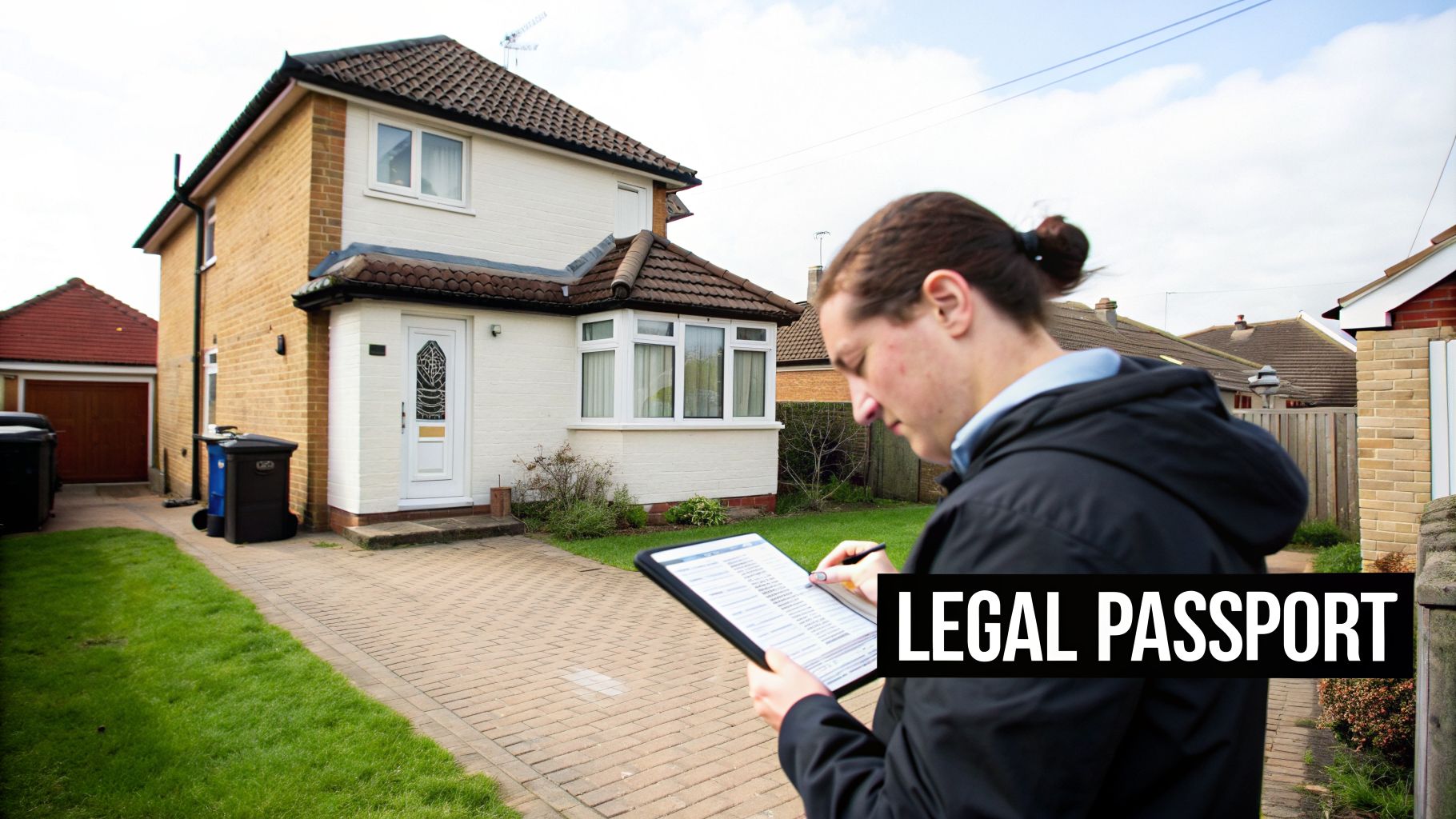 A man in a black jacket writes on a tablet in front of a house, with 'LEGAL PASSPORT' text.