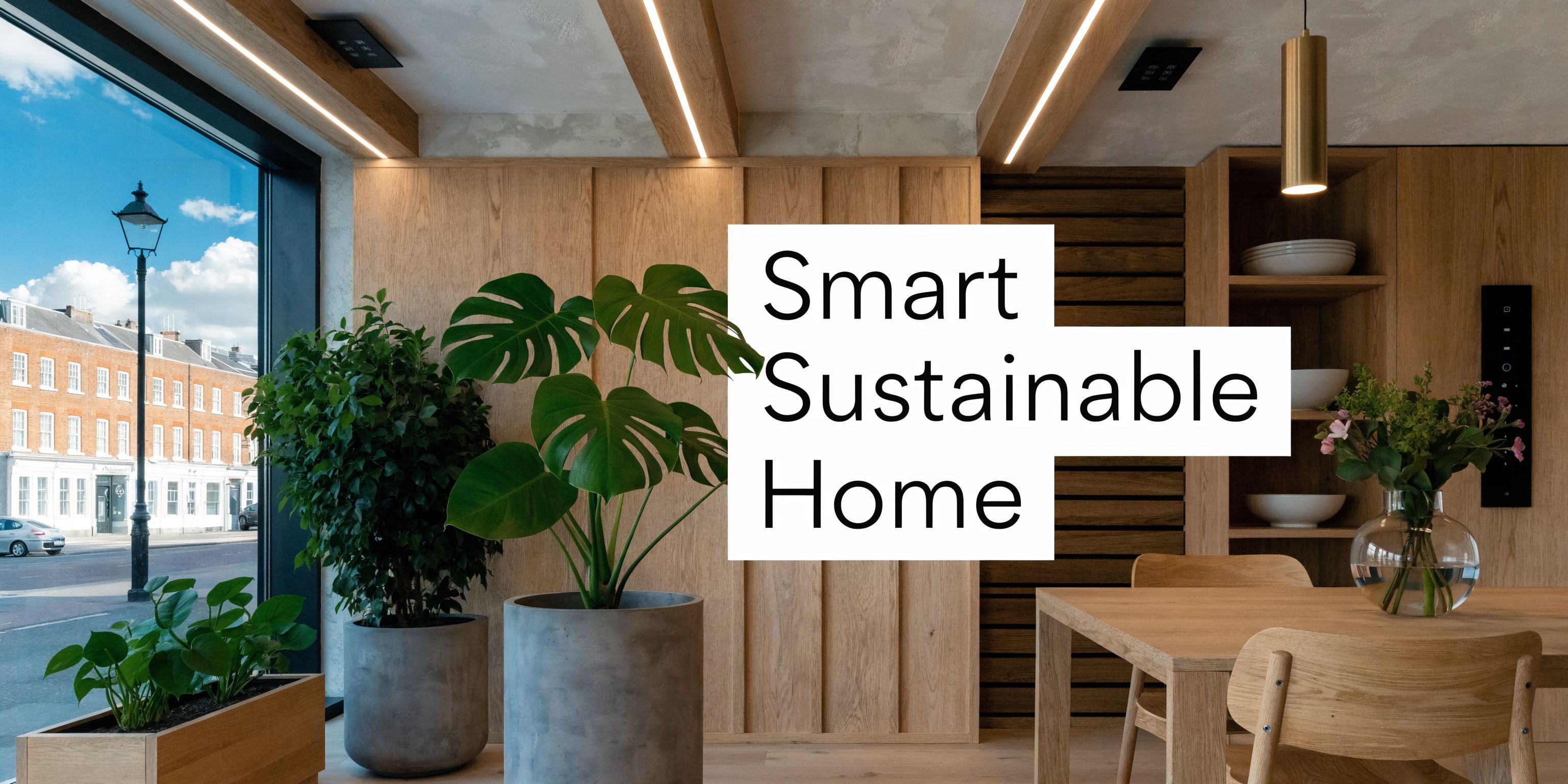 A bright modern London dining room featuring wooden walls, house plants, and a view of historic houses.