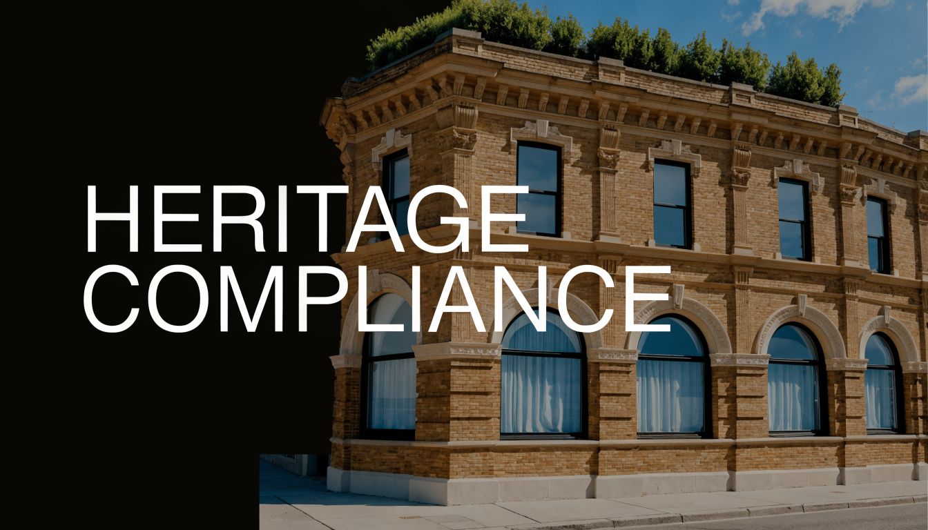 A historic brick building exterior with arched windows against a clear blue sky, signifying heritage compliance architecture.