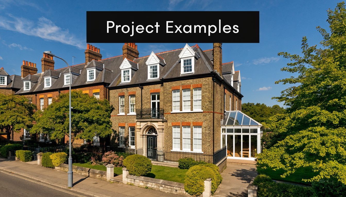 A grand Victorian terrace house featuring a modern glass wraparound extension on a sunny day.