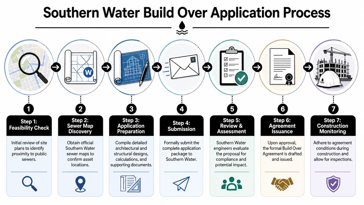 A 7-step infographic detailing the Southern Water Build Over application process for construction projects near sewers.