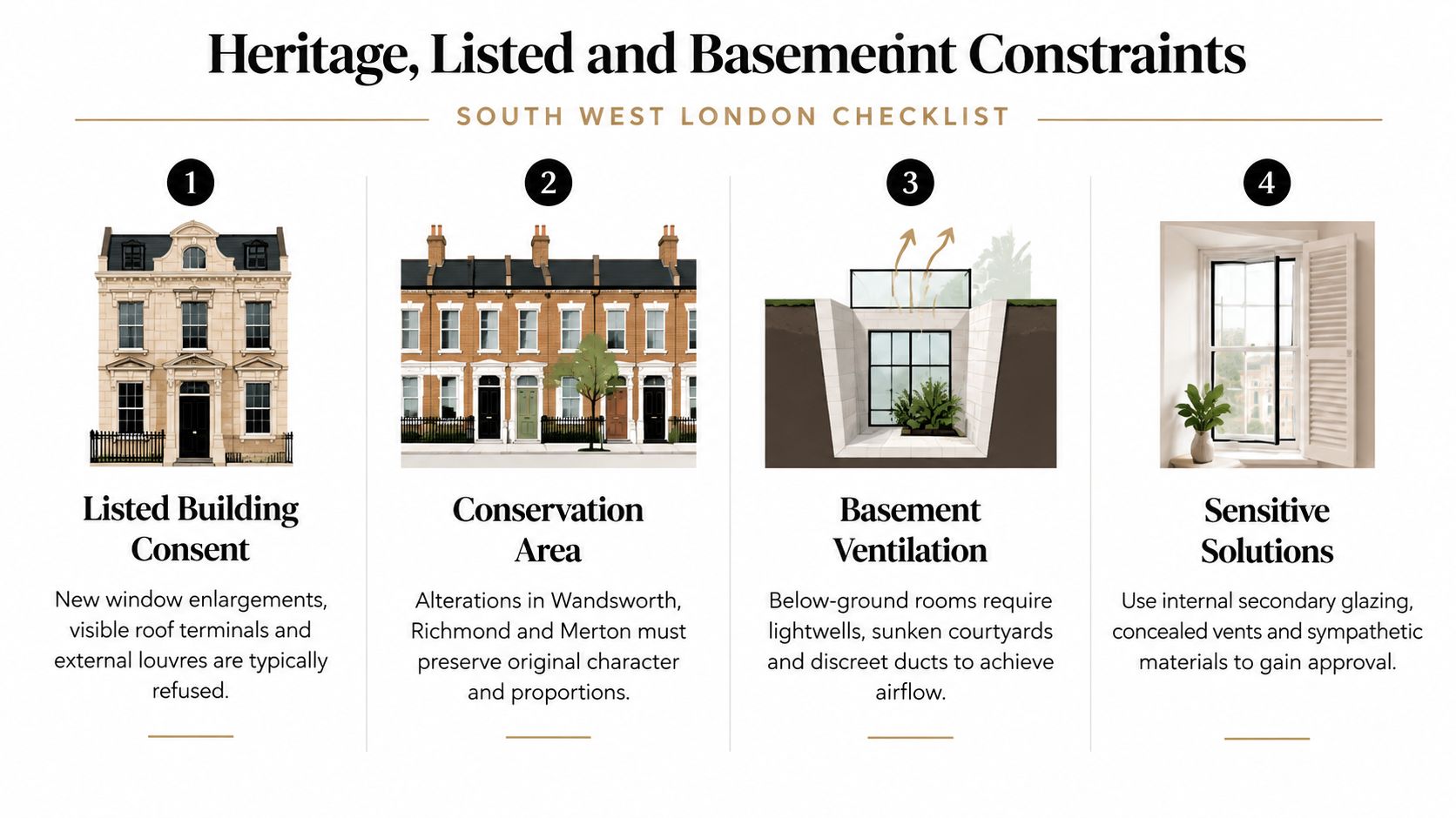 An infographic showing four key building constraints in South West London, including heritage and ventilation guidelines.