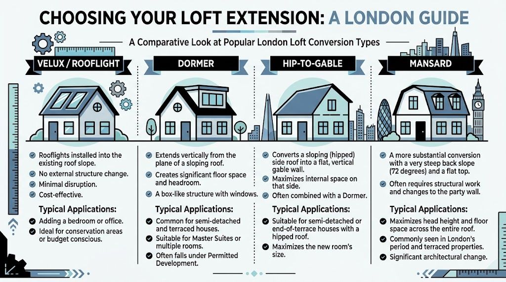 An infographic comparing four popular types of loft extensions available for residential properties in London.