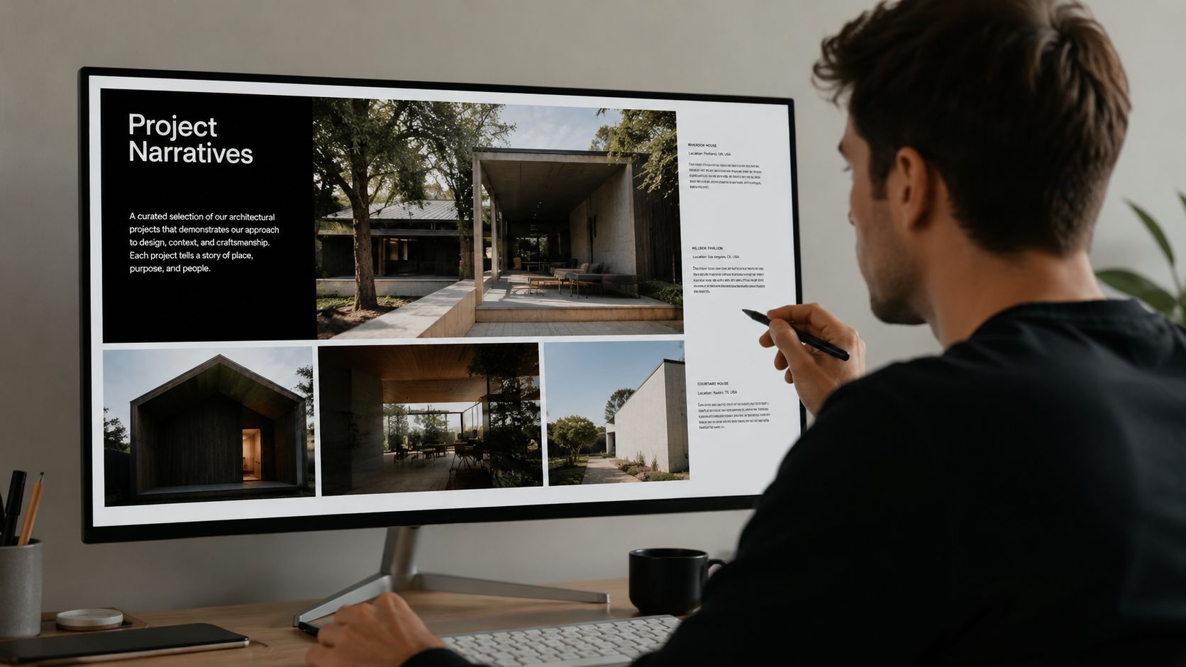 A professional designer working on a computer screen displaying an architectural portfolio development project.