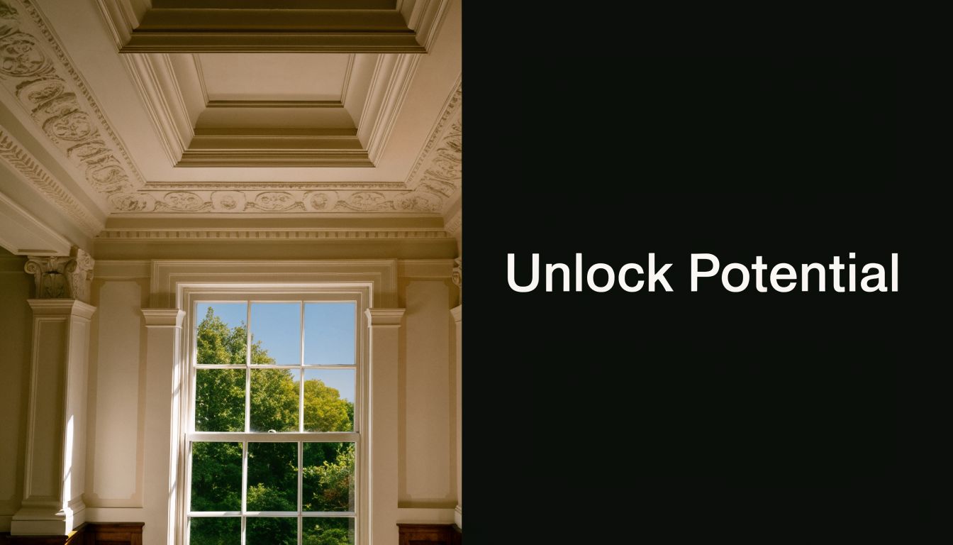 A luxurious interior room featuring an ornate ceiling and a bright window with a garden view.