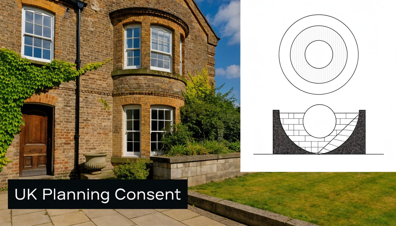 A classic brick house with a garden next to a technical diagram of a circular underground structure.