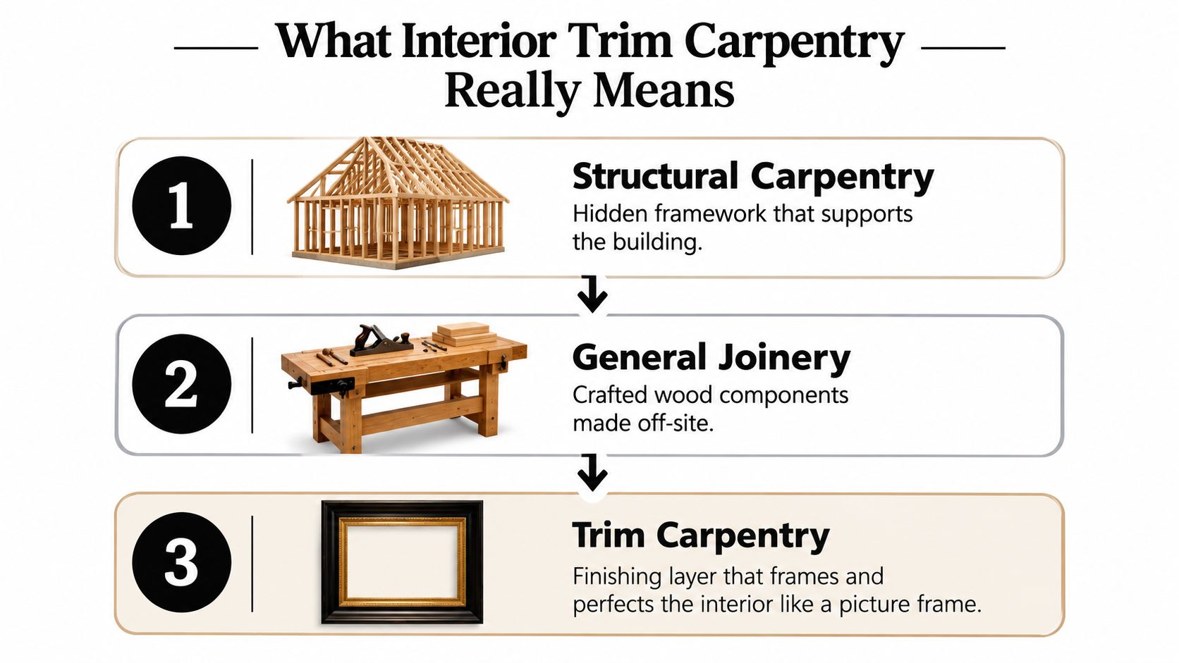 A diagram illustrating the hierarchy of construction from structural framing to joinery and interior trim carpentry.