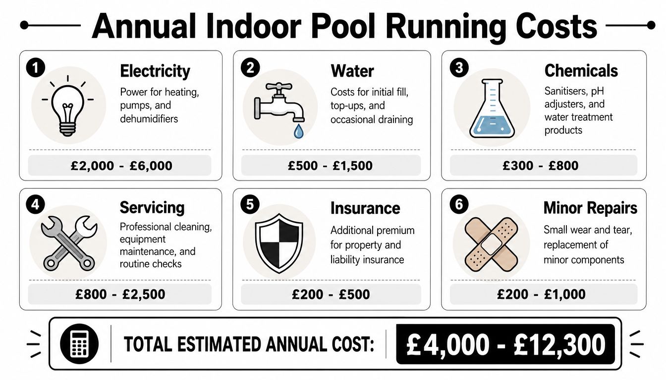 A detailed infographic showing the estimated annual running costs for an indoor swimming pool broken down into categories.