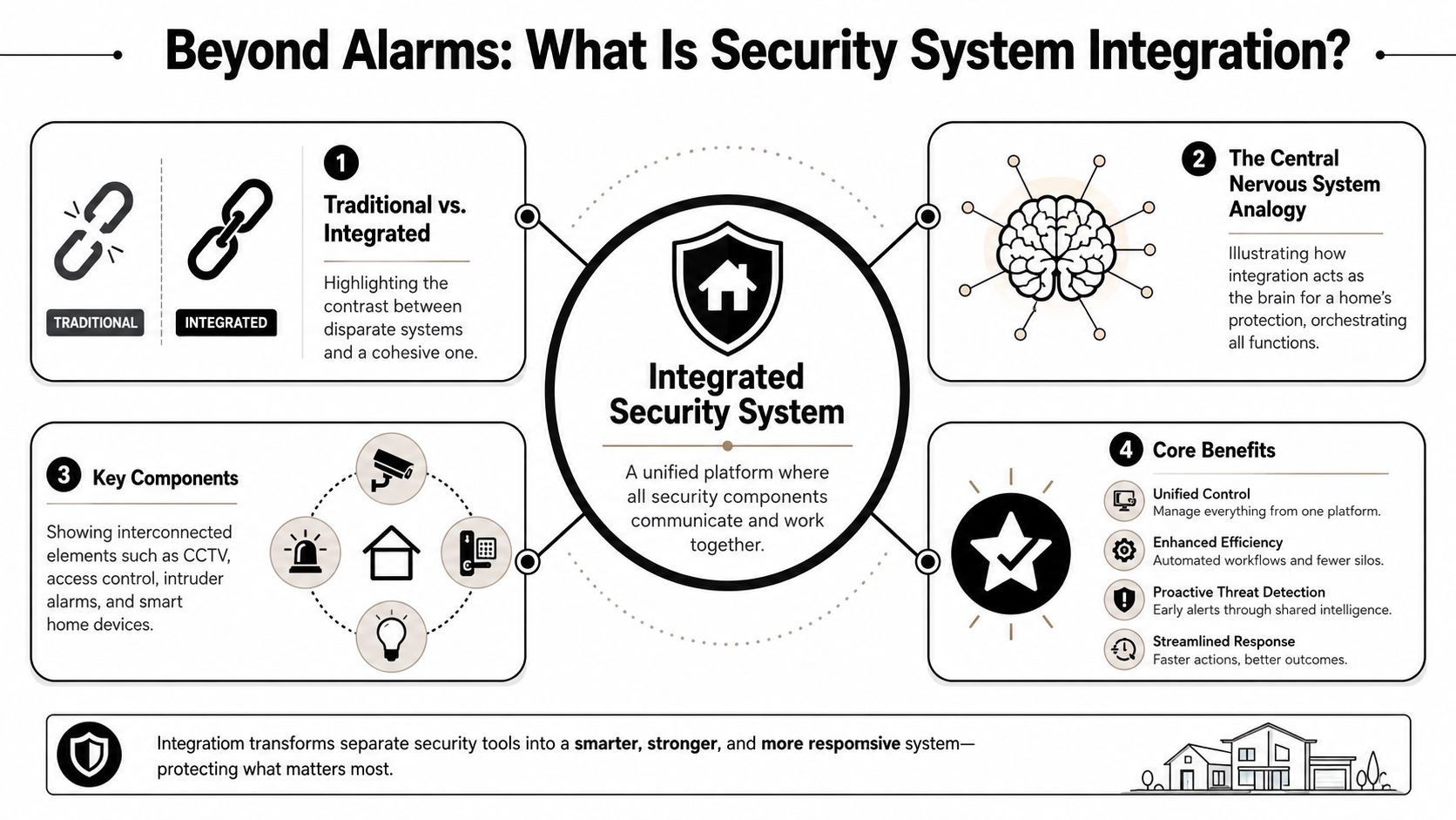 An infographic titled Beyond Alarms explaining the concept, components, and benefits of an integrated security system.