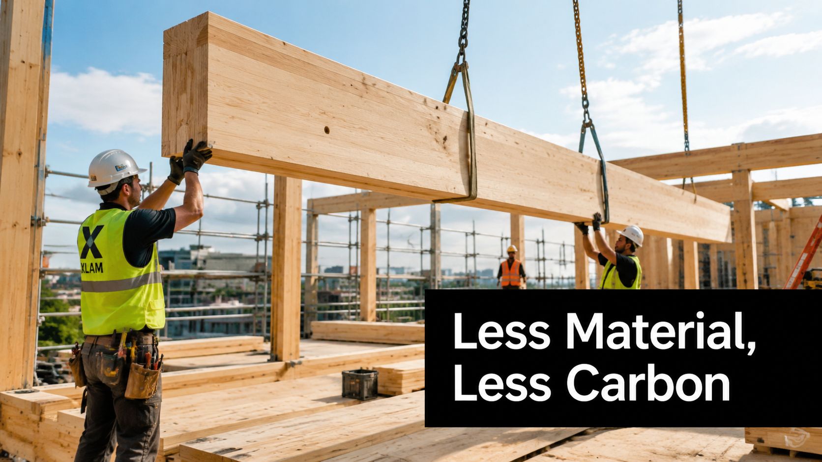Construction workers assembling a large mass timber beam at a sustainable building site under a bright sky.